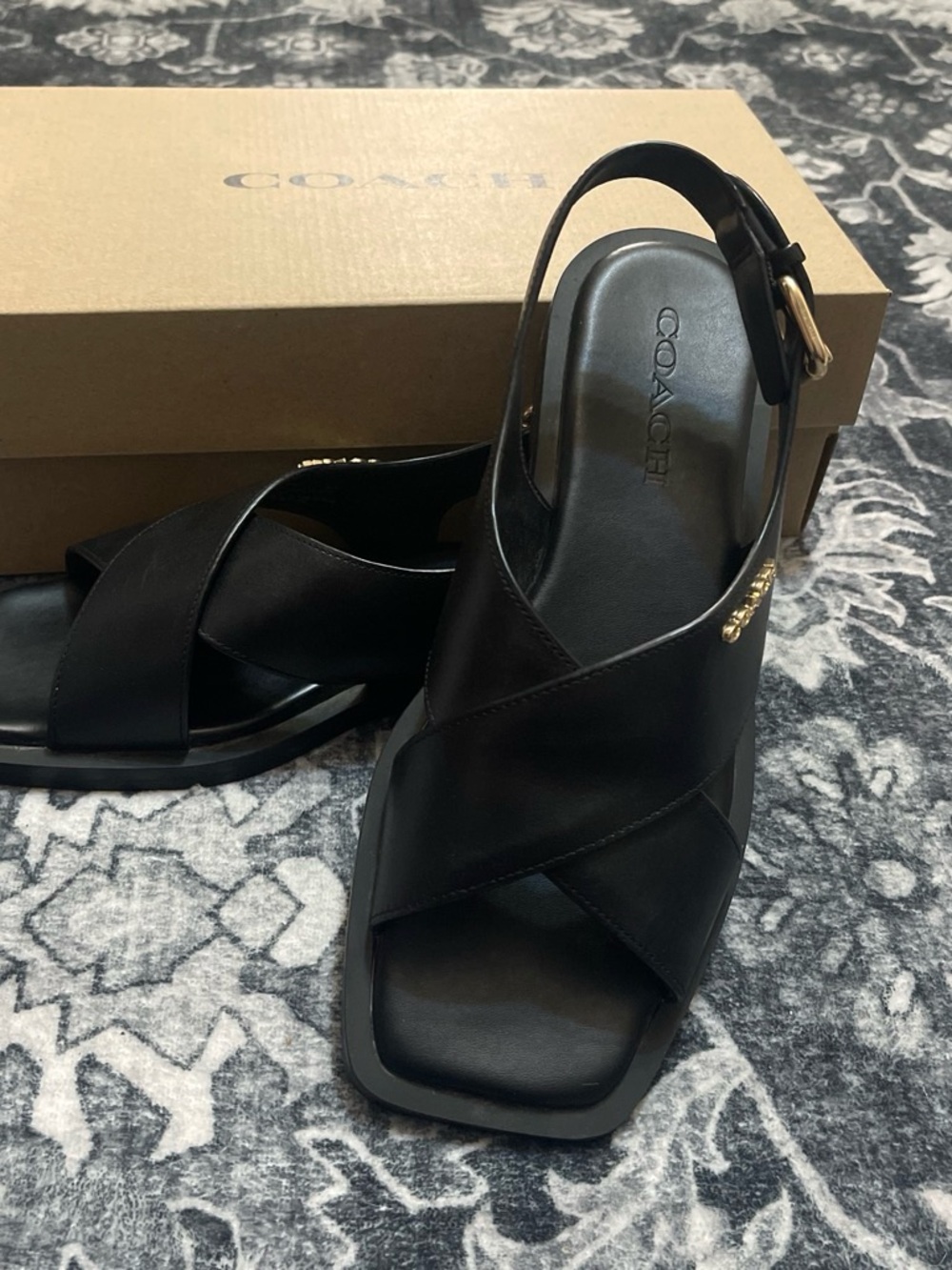 COACH Black Leather Crisscross Slingback Sandals with Gold Accent - Picture 1 of 7